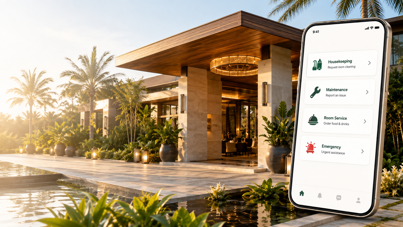 Guest using the TouchServ QR portal outside a modern African hotel entrance